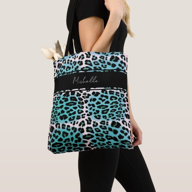 Elegant Blue Leopard Animal Print Personalised Tote Bag (Close Up)