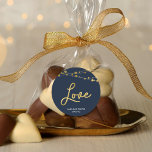 Elegant Blue Lights Faux Gold Wedding Love Classic Round Sticker<br><div class="desc">This elegant Love sticker features strings of lights and the word "Love" in faux gold foil against a dark blue background great for weddings. Check out matching items like invitations and stamps here https://www.zazzle.com/collections/strings_of_lights_faux_gold_celebration_collection-119311942951401241?rf=238364477188679314 Personalise it with your details by replacing the placeholder text. For more options click the "Customise" button....</div>
