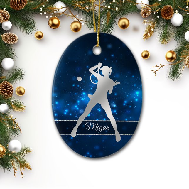 Elegant Blue Lights Silver Female Tennis Player Ceramic Tree Decoration (Creator Uploaded)