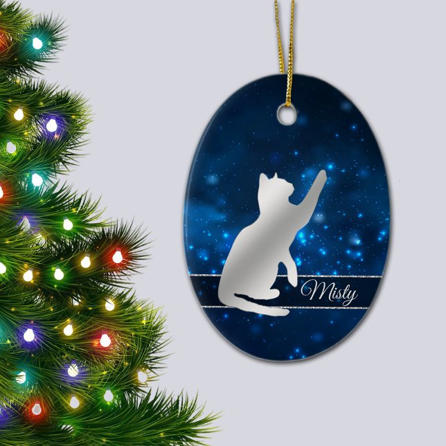 Elegant Blue Lights Silver Silhouette Playful Cat Ceramic Tree Decoration (Creator Uploaded)