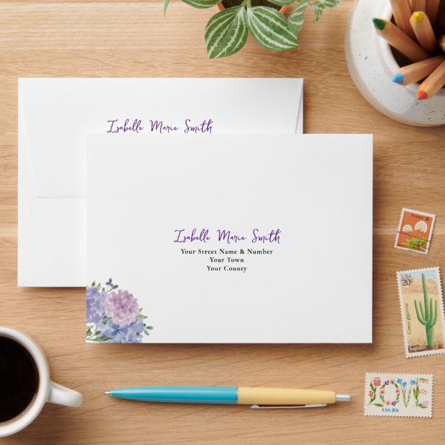 Elegant Blue & Lilac Hydrangea Floral Wedding RSVP Envelope (Desk)
