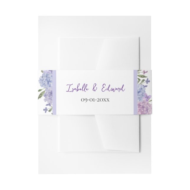 Elegant Blue & Lilac Watercolor Hydrangeas Wedding Invitation Belly Band (Front Example)