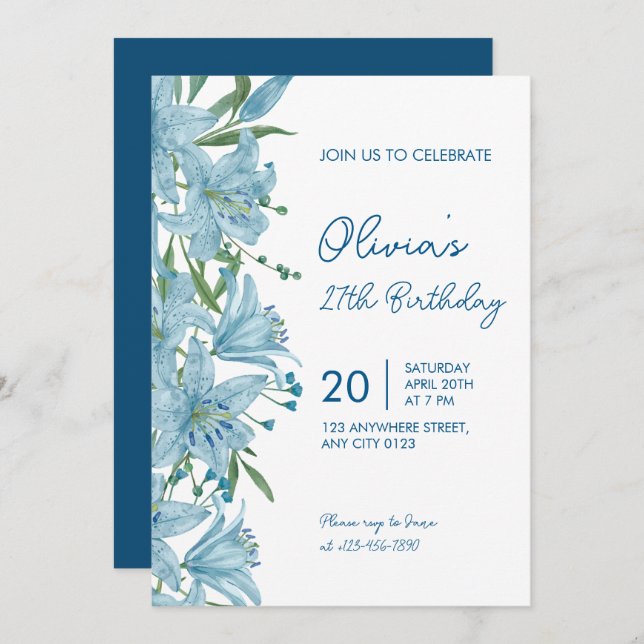 Elegant Blue Lily 27th Birthday Party Invitation (Front/Back)