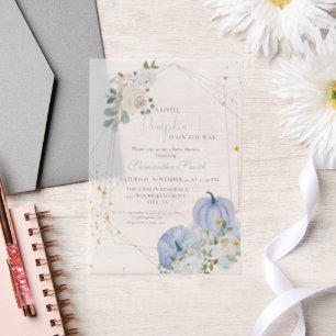 Elegant Blue  Little Pumpkin Boy Baby Shower Vellum Invitations