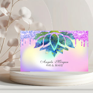 Elegant Blue Lotus Holographic Glitter Drips Business Card