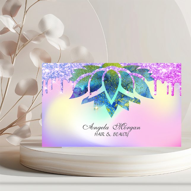 Elegant Blue Lotus Holographic Glitter Drips  Business Card (Creator Uploaded)