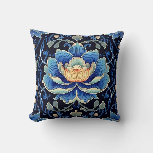 Elegant Blue Lotus Tile Pattern  Cushion (Front)