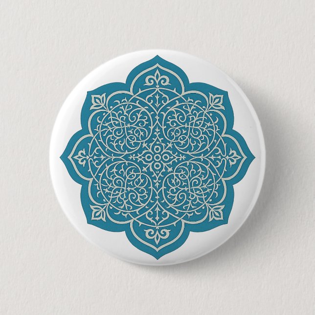 Elegant Blue Mandala Button Pin – Intricate Floral (Front)