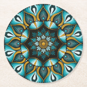 Elegant Blue Mandala Sacred Geometry Boho Zen Round Paper Coaster