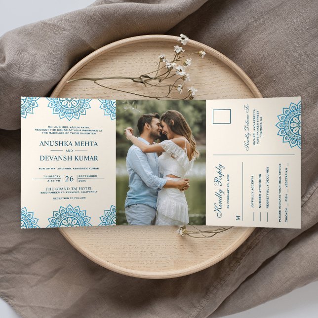 Elegant Blue Mandala Traditional Indian Wedding Tri-Fold Invitation (Creator Uploaded)