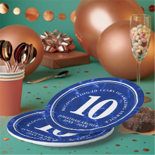 Elegant Blue Marble 10 Years Work Anniversary Paper Plate