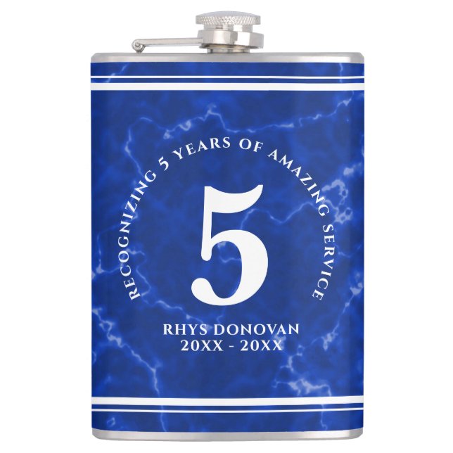 Elegant Blue Marble 5 Years Work Anniversary Hip Flask (Front)