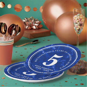 Elegant Blue Marble 5 Years Work Anniversary Paper Plate