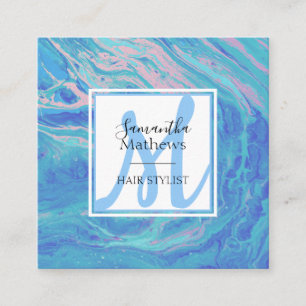 Elegant Blue Marble Agate Monogram Hair Stylist Square Business Card