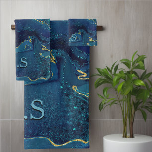Elegant blue marble art faux gold glitter bath towel set
