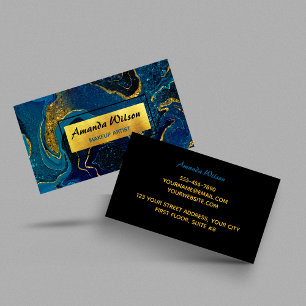 Elegant blue marble art faux gold glitter business card