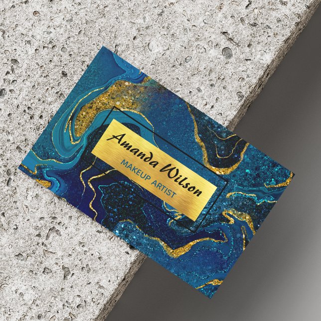 Elegant blue marble art faux gold glitter magnetic business card (Creator Uploaded)
