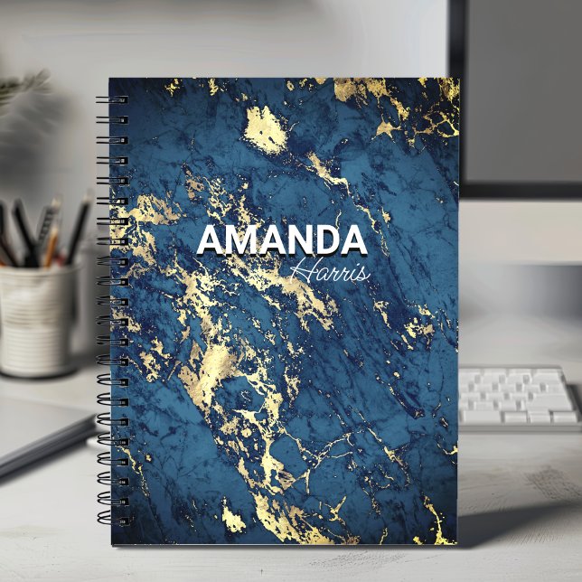 Elegant blue marble art faux gold glitter monogram notebook (Creator Uploaded)