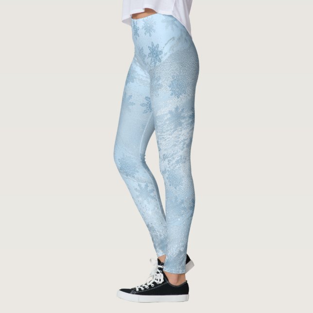 Elegant blue marble glitter snowflake pattern leggings (Left)