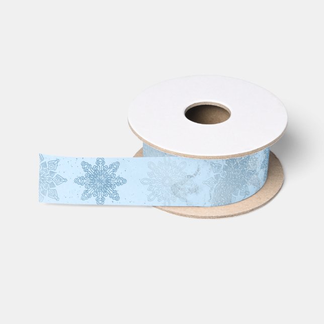 Elegant blue marble glitter snowflake pattern satin ribbon (Spool)