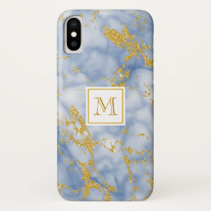 Elegant Blue Marble Monogram Faux Gold Glitter Case-Mate iPhone Case