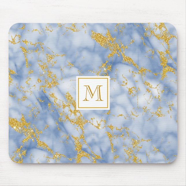 Elegant Blue Marble Monogram Faux Gold Glitter Mouse Pad (Front)