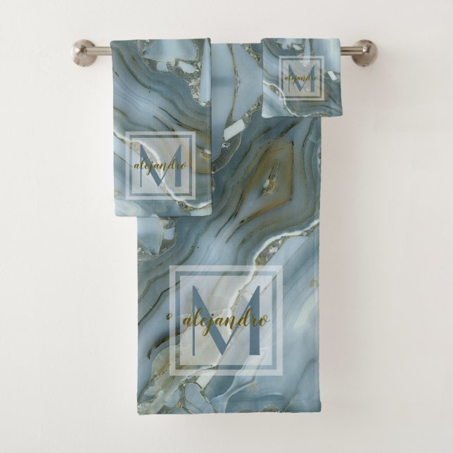 Elegant Blue Marble Natural Stone Pattern Monogram Bath Towel Set (Insitu)