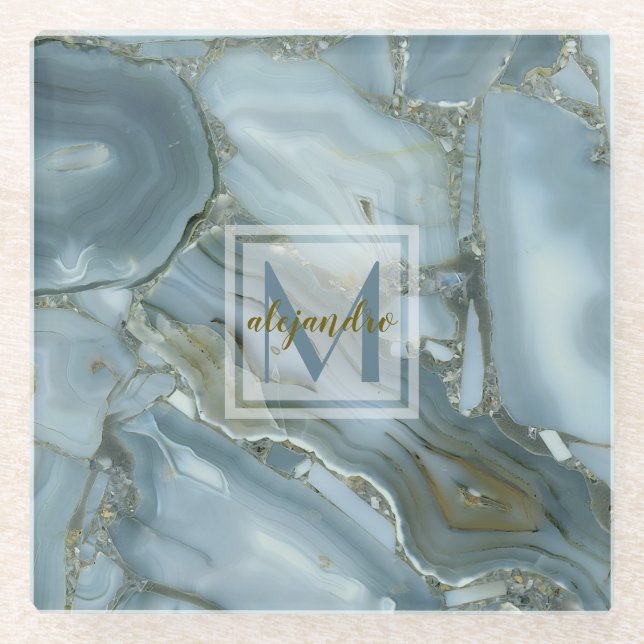 Elegant Blue Marble Natural Stone Pattern Monogram Glass Coaster (Front)