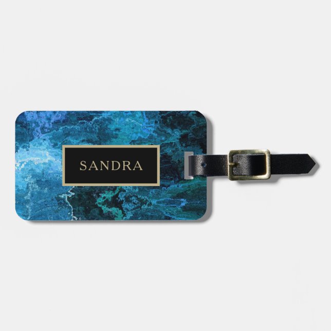 Elegant blue marble pattern with name luggage tag (Front Horizontal)