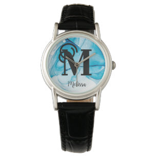 Elegant Blue Marbled Monogram Name Watch