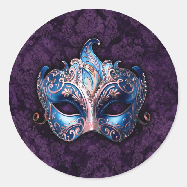 Elegant Blue Masquerade Mask Classic Round Sticker (Front)