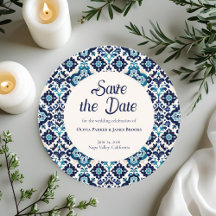 Elegant Blue Mediterranean Tile Save the Date Card