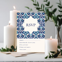 Elegant Blue Mediterranean Tile Wedding RSVP Card