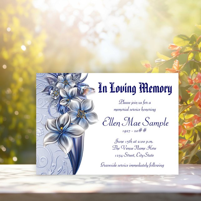 Elegant Blue Memorial Service Announcements (Pretty blue floral memorial and funeral invitation notice. Simply add your event details.)