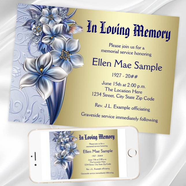 Elegant Blue Memorial Service Announcements (Blue and gold memorial service invitation and announcement. Download and printed available.)