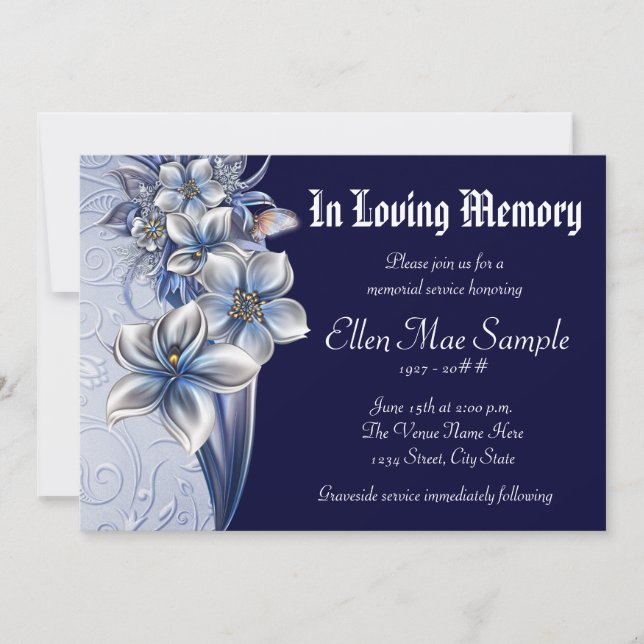 Elegant Blue Memorial Service Announcements (Front)