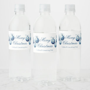 Elegant Blue Merry Christmas Custom Company Water Bottle Label