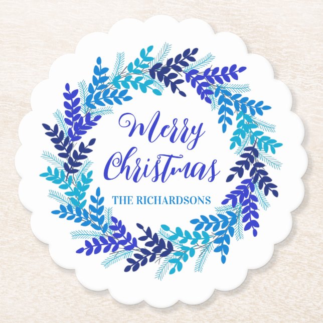 Elegant Blue Merry Christmas Holiday Wreath Name Paper Coaster (Front)