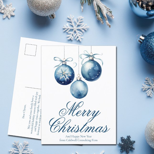 Elegant Blue Merry Christmas Ornaments Business Holiday Postcard (Creator Uploaded)