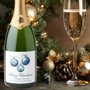 Elegant Blue Merry Christmas Ornaments Company Sparkling Wine Label
