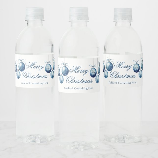 Elegant Blue Merry Christmas Ornaments Company Water Bottle Label (Bottles)