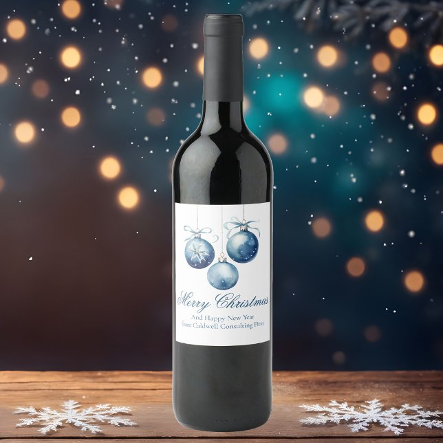 Elegant Blue Merry Christmas Ornaments Company Wine Label (Creator Uploaded)
