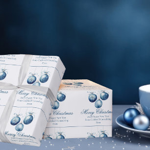 Elegant Blue Merry Christmas Ornaments Company Wrapping Paper