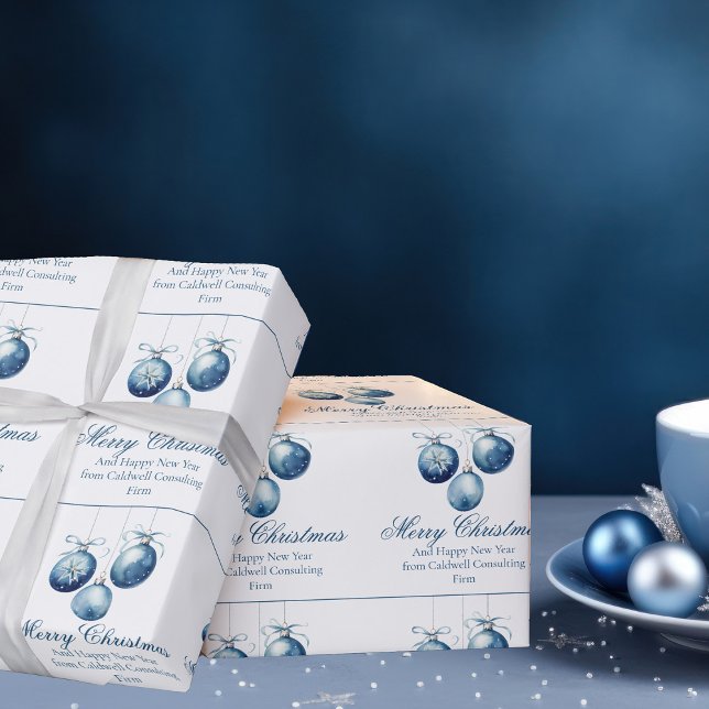 Elegant Blue Merry Christmas Ornaments Company Wrapping Paper (Creator Uploaded)