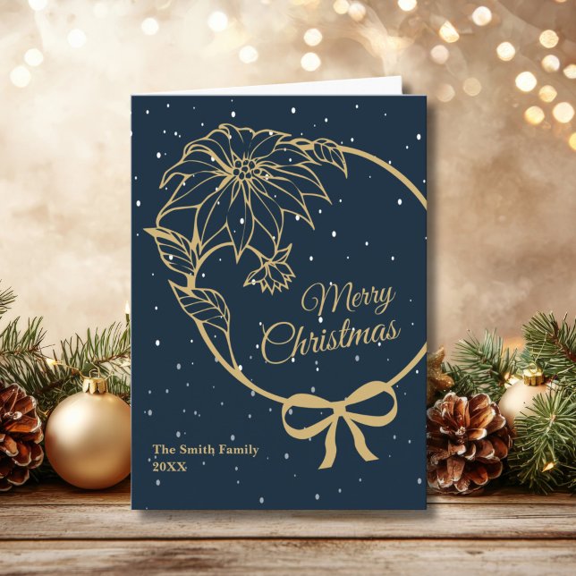 Elegant Blue Merry Christmas Poinsettia Folded Holiday Card (Creator Uploaded)