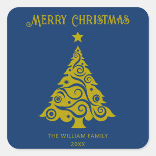 Elegant Blue Merry Christmas Tree Holiday Gift Square Sticker