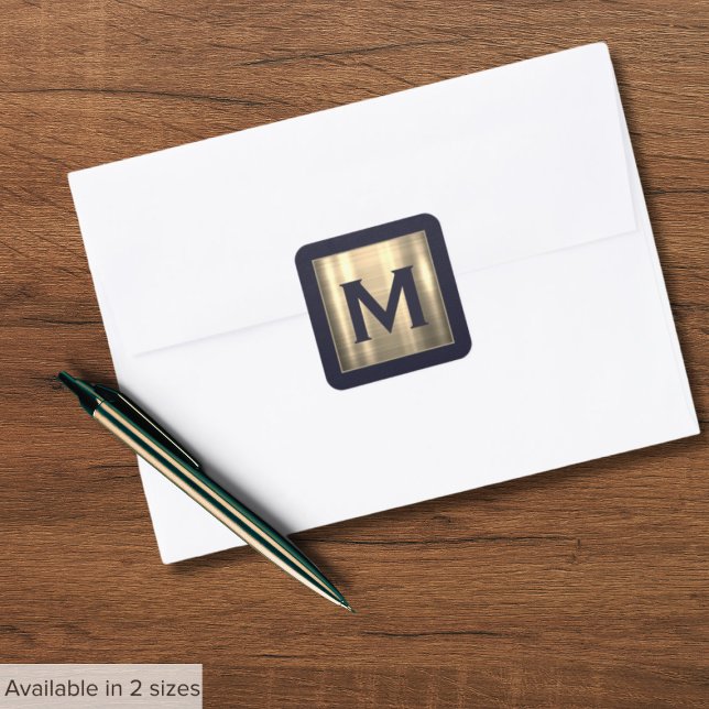 Elegant Blue Metallic Gold Initial Square Sticker (Creator Uploaded)