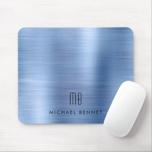 Elegant Blue Metallic Monogram Name Mouse Pad