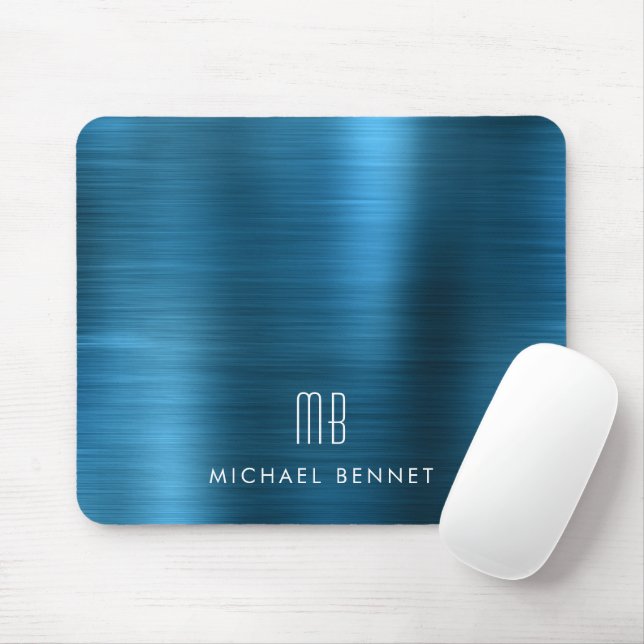 Elegant Blue Metallic Monogram Name Mouse Pad (With Mouse)