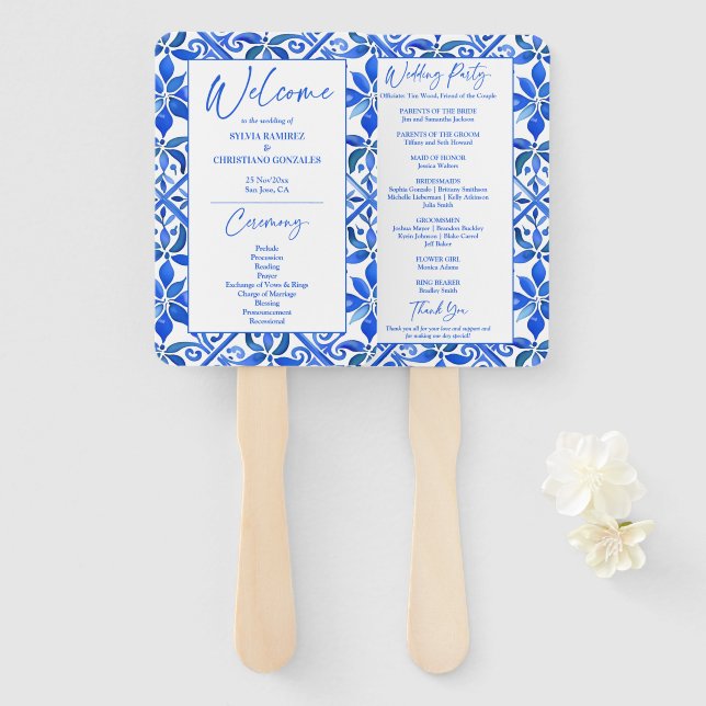 Elegant blue Mexican Talavera wedding program Hand Fan (Front and Back)